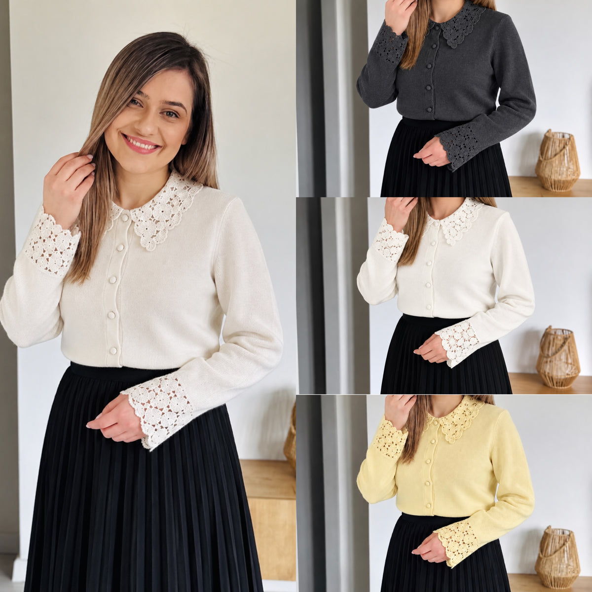 Cardigan tricot cu dantelă și nasturi perlați