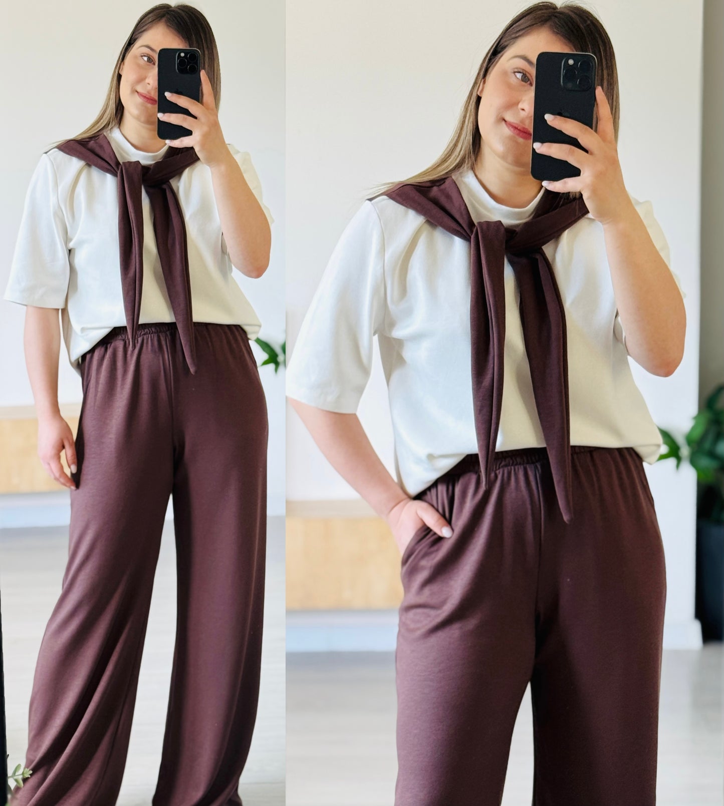 Compleu elegant cu pantaloni largi și tricou cu eșarfă