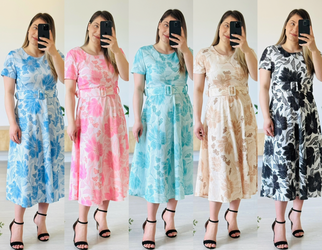 Rochie midi elegantă cu imprimeu floral și cordon