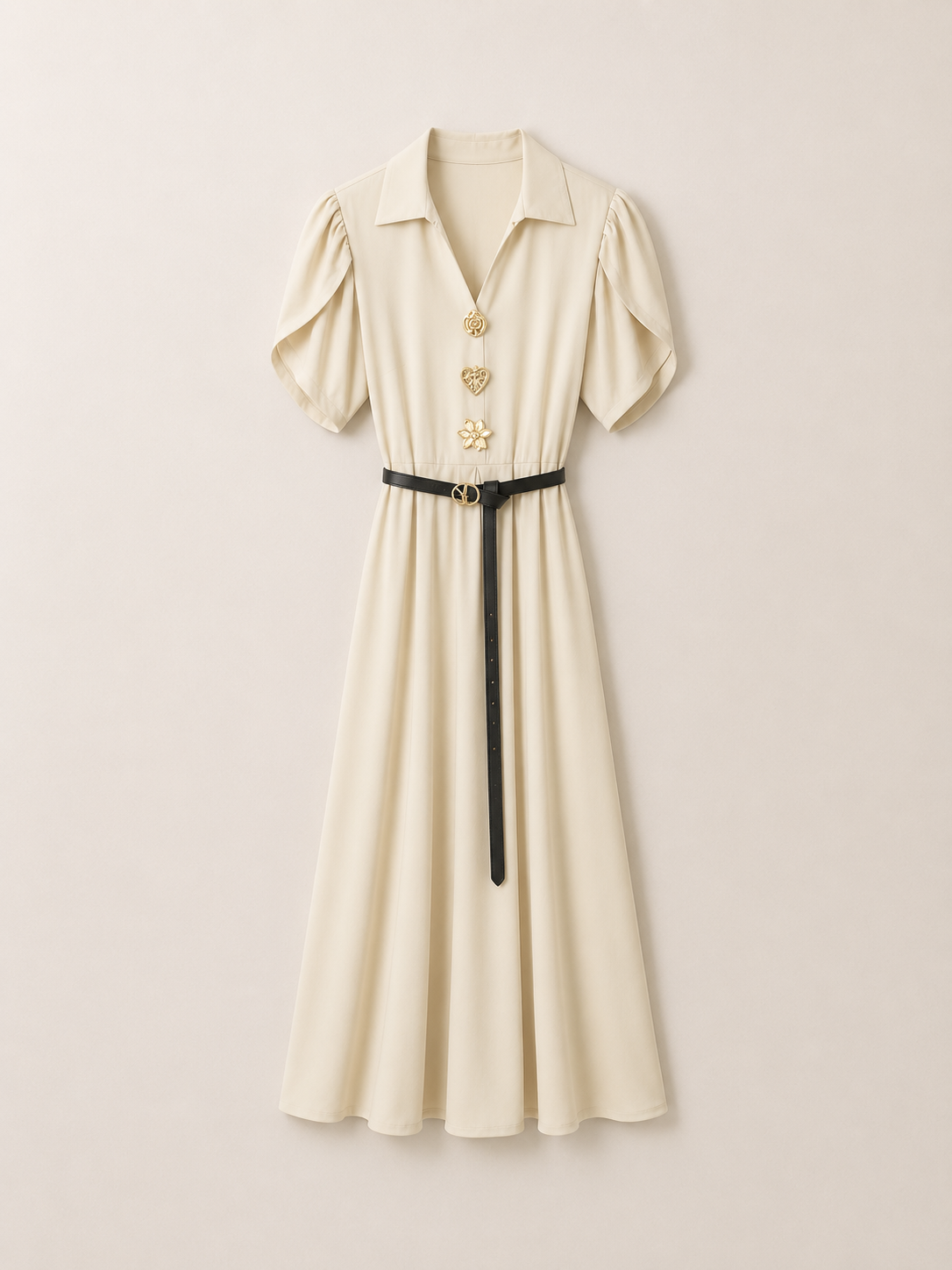 Rochie lungă elegantă cu nasturi decorativi și guler