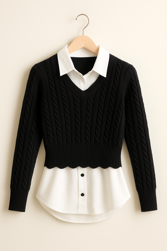 Bluză cu aspect suprapus și pulover tricotat