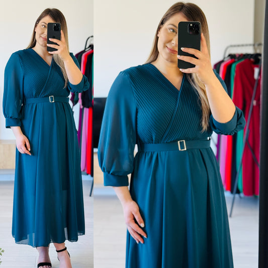 Rochie midi elegantă cu pliuri și curea în talie