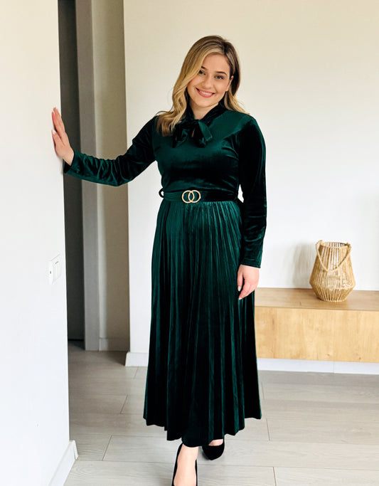 Rochie Lungă din Catifea cu Fustă Plisată și Fundiță la Guler