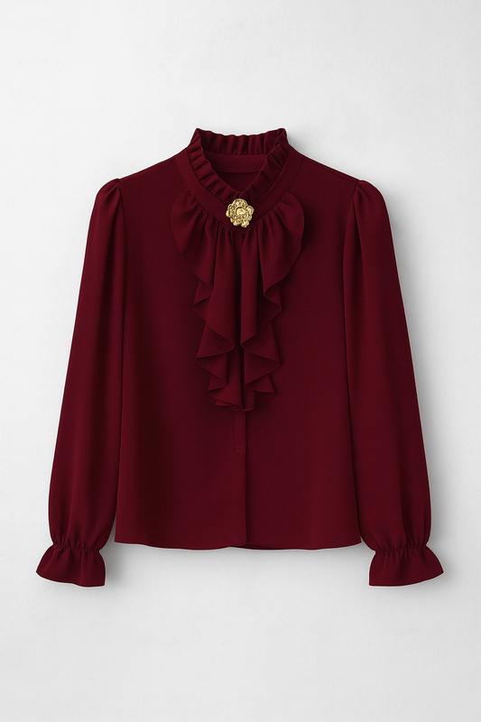 Bluza Elegantă cu Volane și Broșă Detașabilă - 3 culori