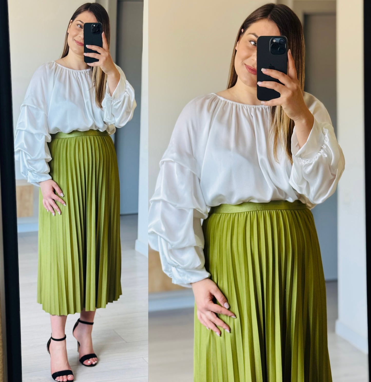 Set Elegant Bluză Satinată și Fustă Plisată