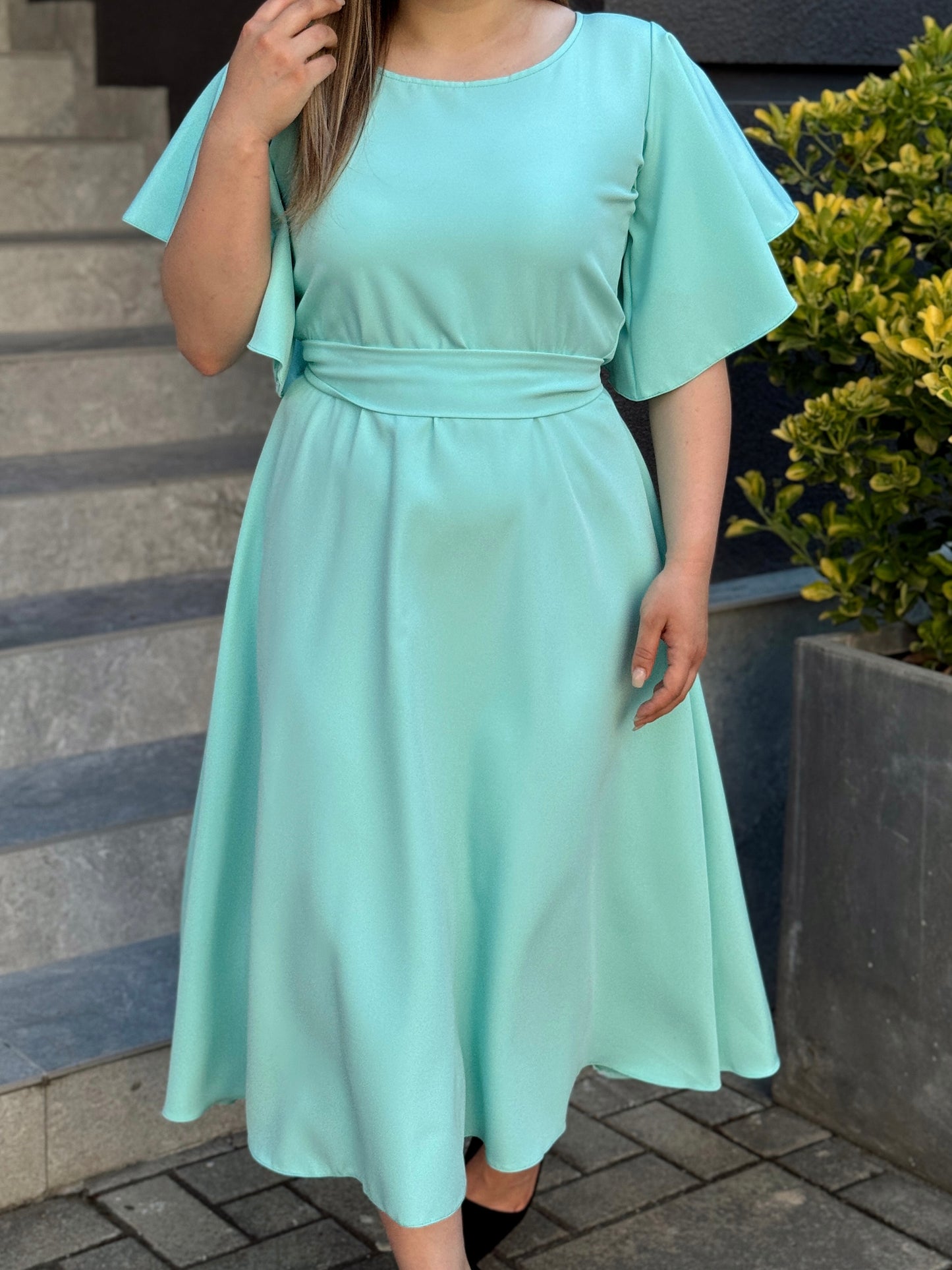 Rochie midi elegantă din stofă verde mentă