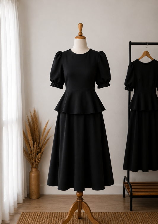 Rochie midi elegantă din stofă Barbi neagră cu peplum