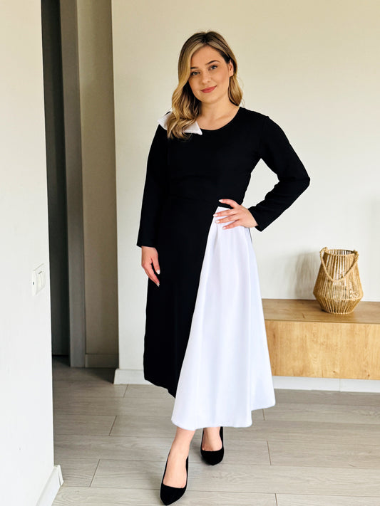 Rochie Elegantă Bicolor din Stofă Barbi cu Detaliu Asimetric la Guler