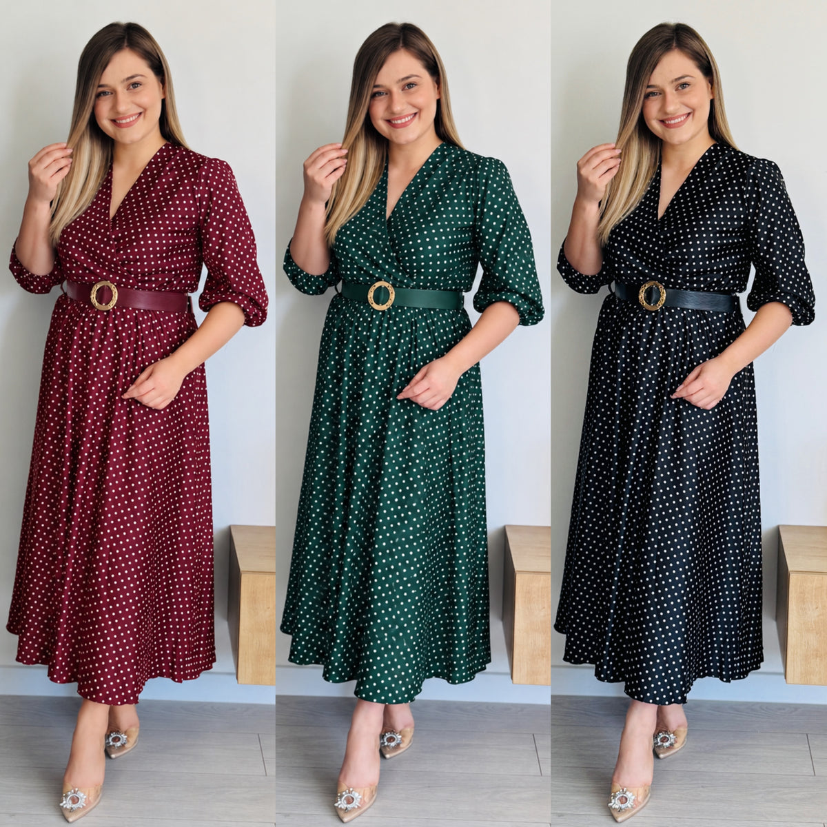 Rochie midi din satin cu buline și curea