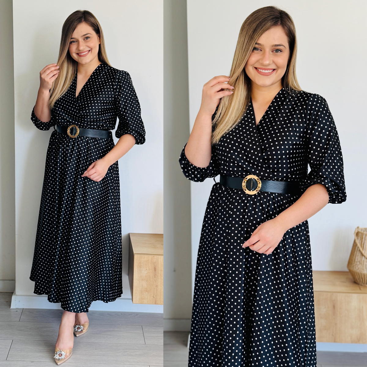Rochie midi din satin cu buline și curea