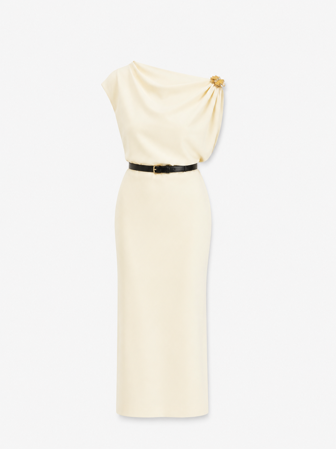 Rochie midi cu drapaj elegant și accesoriu decorativ
