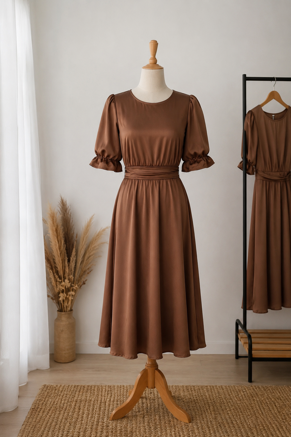 Rochie midi elegantă din tafta maro