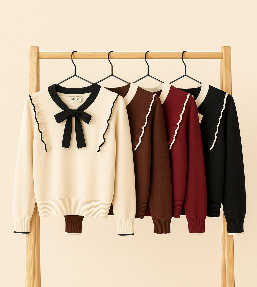 Bluză cu Volănașe și Fundiță Contrastantă – Stil Romantic