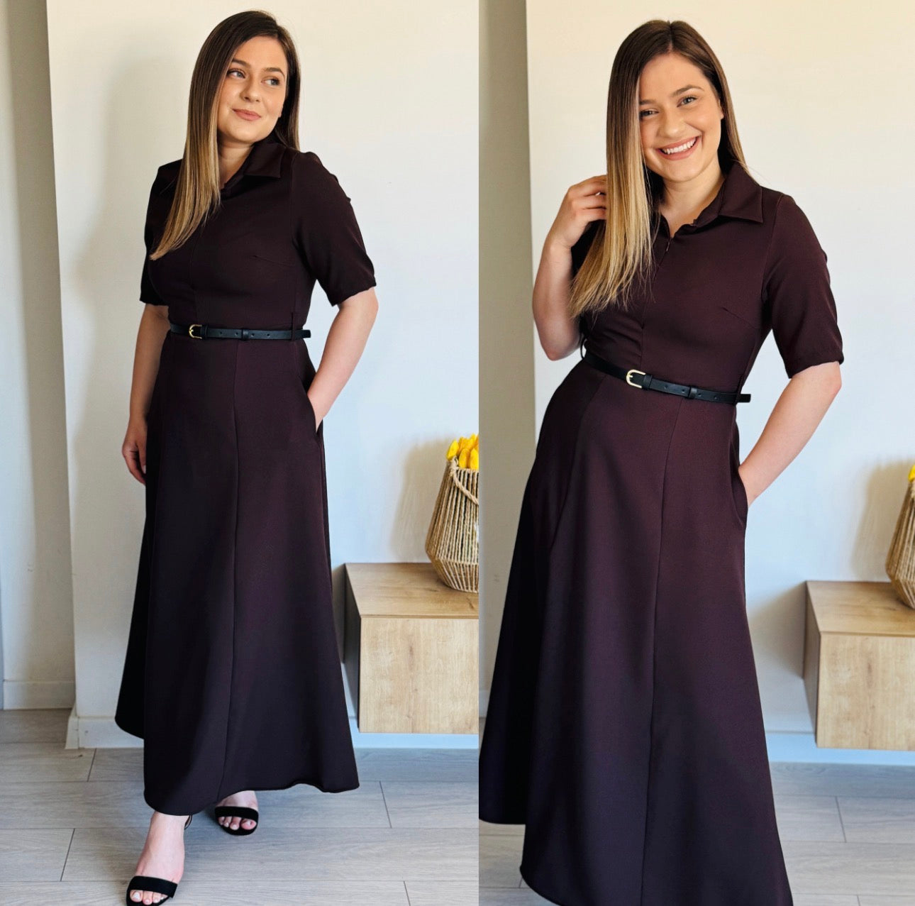 Rochie midi elegantă cu guler și curea în talie