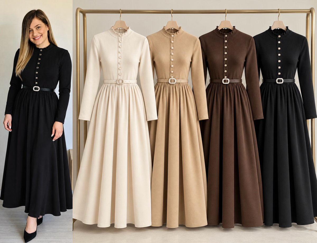 Rochie lungă elegantă cu nasturi și curea