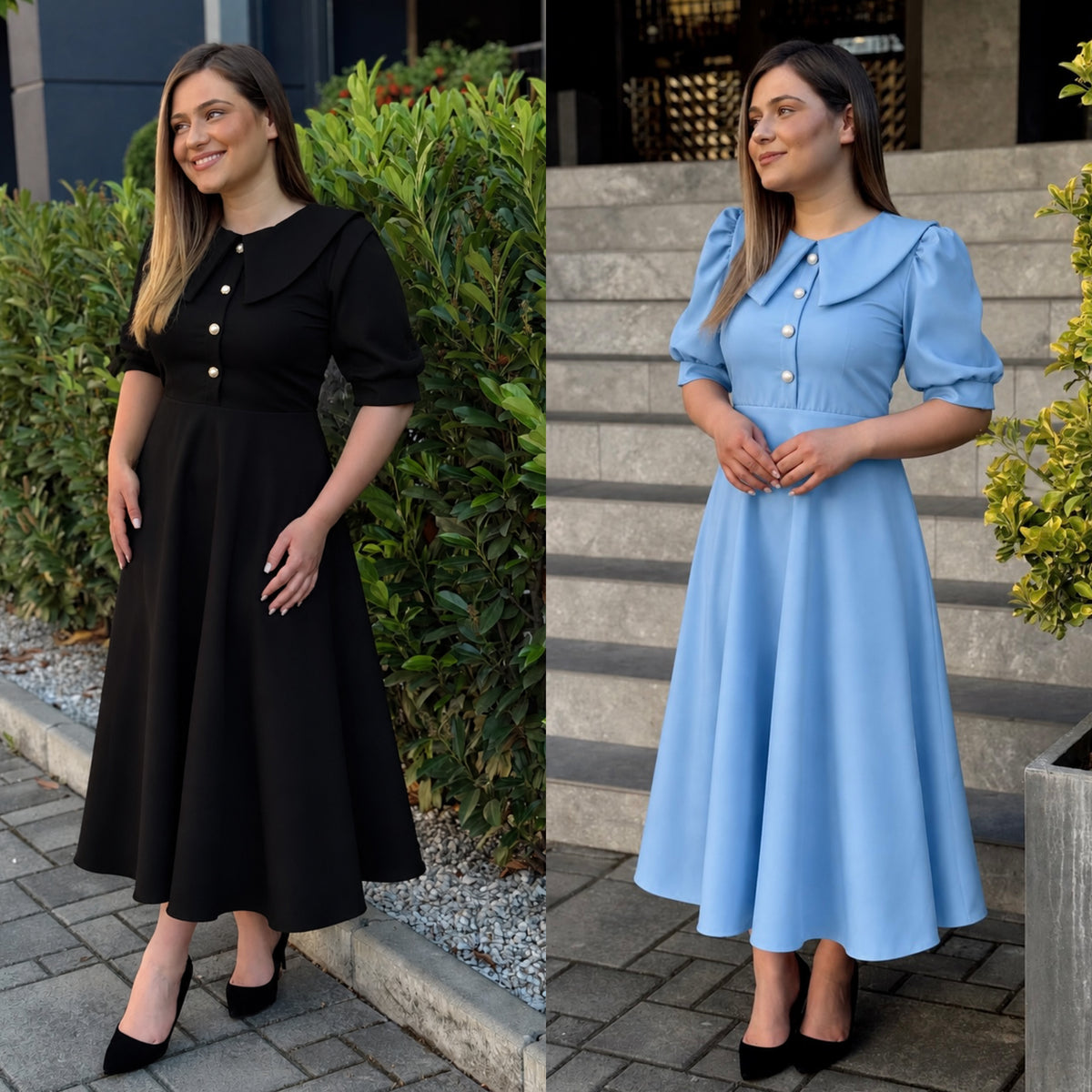 Rochie elegantă cu guler amplu și nasturi decorativi
