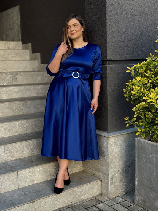 Rochie midi din tafta cu fundă decorativă în talie