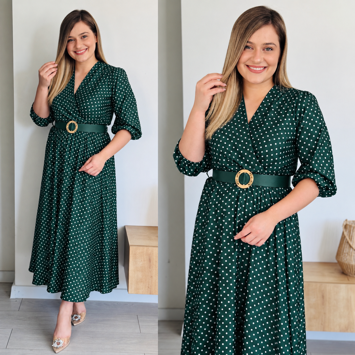 Rochie midi din satin cu buline și curea