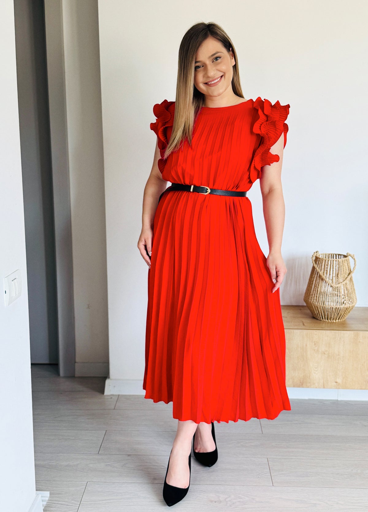 Rochie plisată din vâscoză cu volane