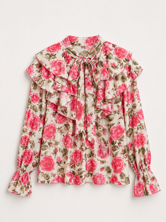 Cămașă elegantă cu volane și imprimeu floral