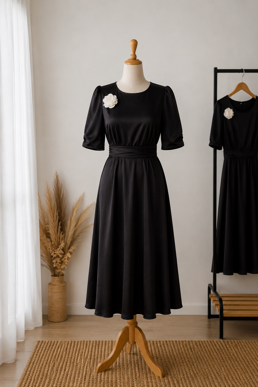 Rochie midi elegantă din tafta neagră cu floare decorativă