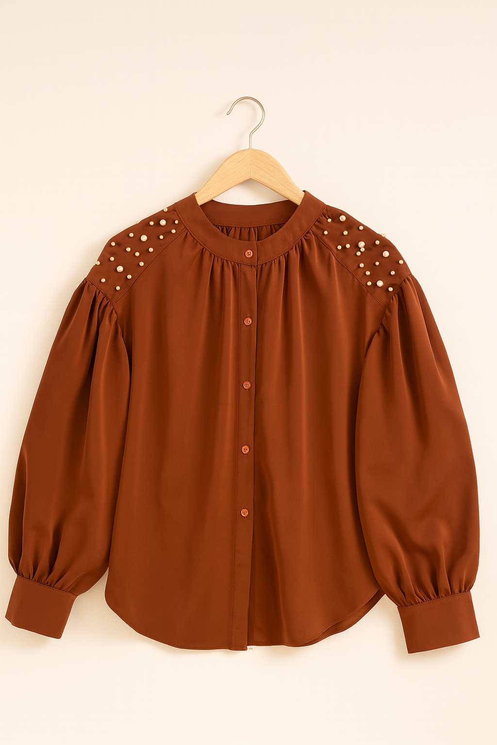 Bluză Elegantă cu Mâneci Bufante și Perle pe Umeri