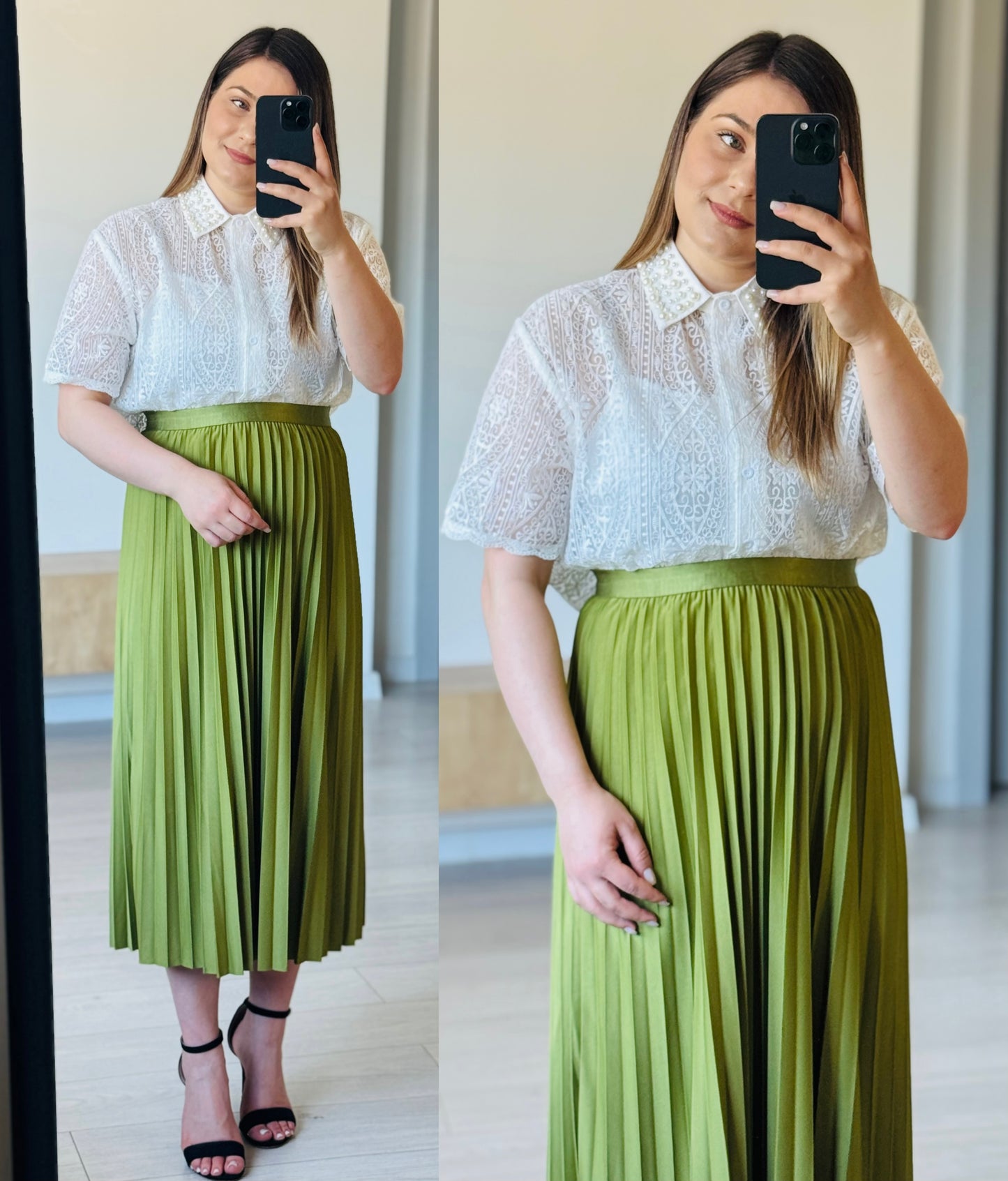 Set fustă plisată și cămașă din dantelă