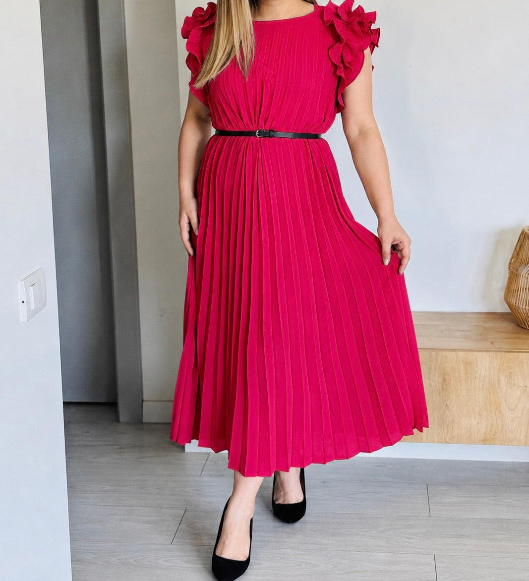 Rochie plisată din vâscoză cu volane