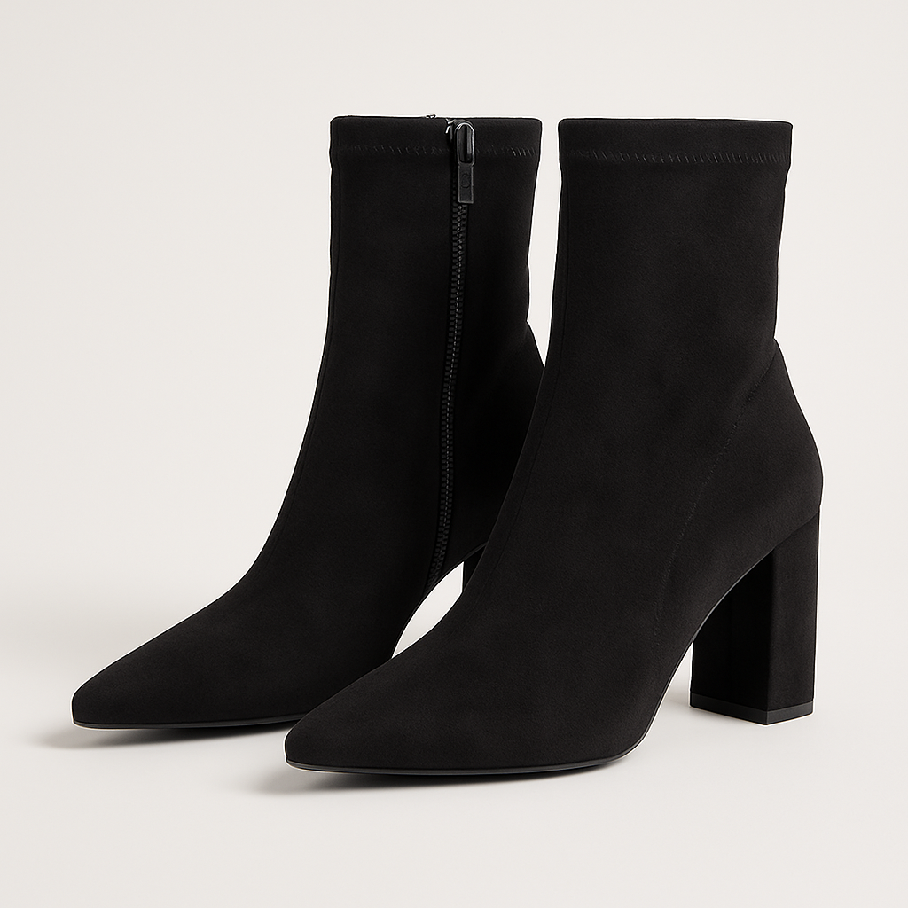 Botine Stretch Suede cu Toc Gros – Negru