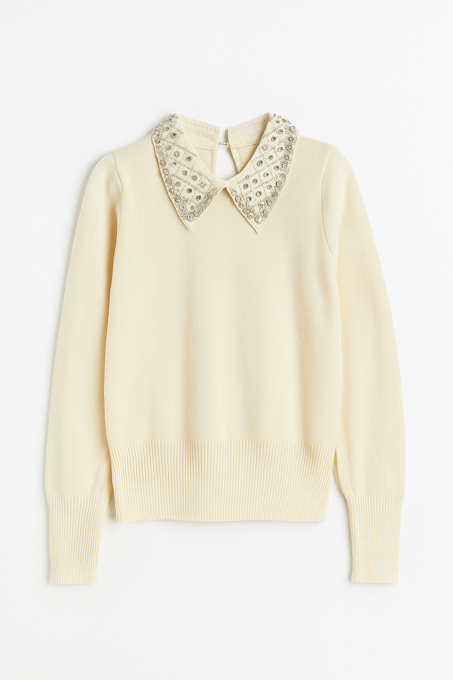 Pulover elegant cu guler decorat cu perle și strasuri