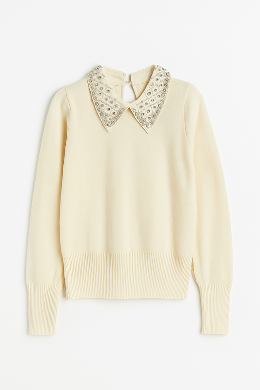 Pulover elegant cu guler decorat cu perle și strasuri