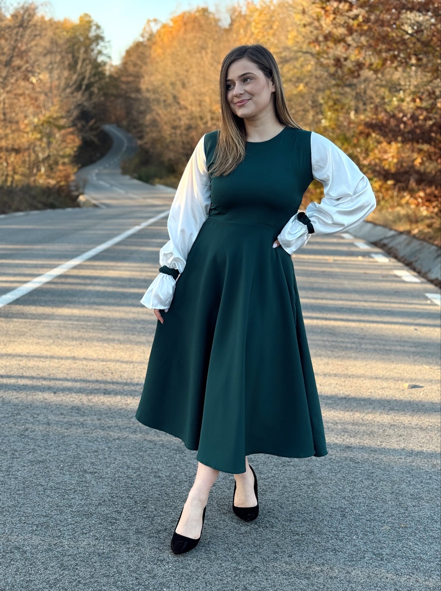 Rochie Midi din Stofă cu Mâneci din Satin