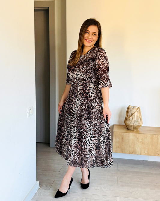 Rochie Midi Animal Print cu Mâneci 3/4