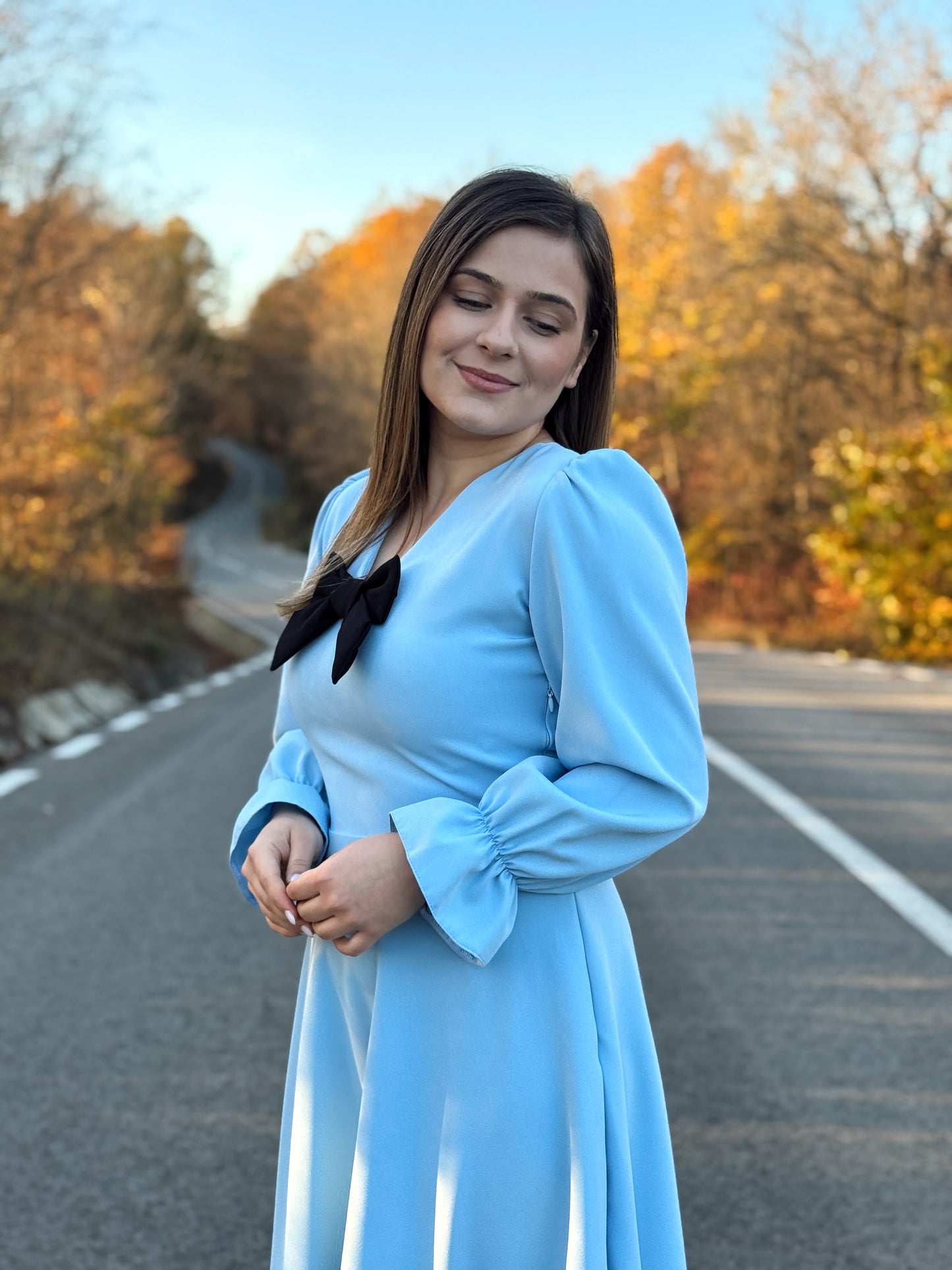 Rochie Midi din Stofă Barbi cu Fundă Decorativă