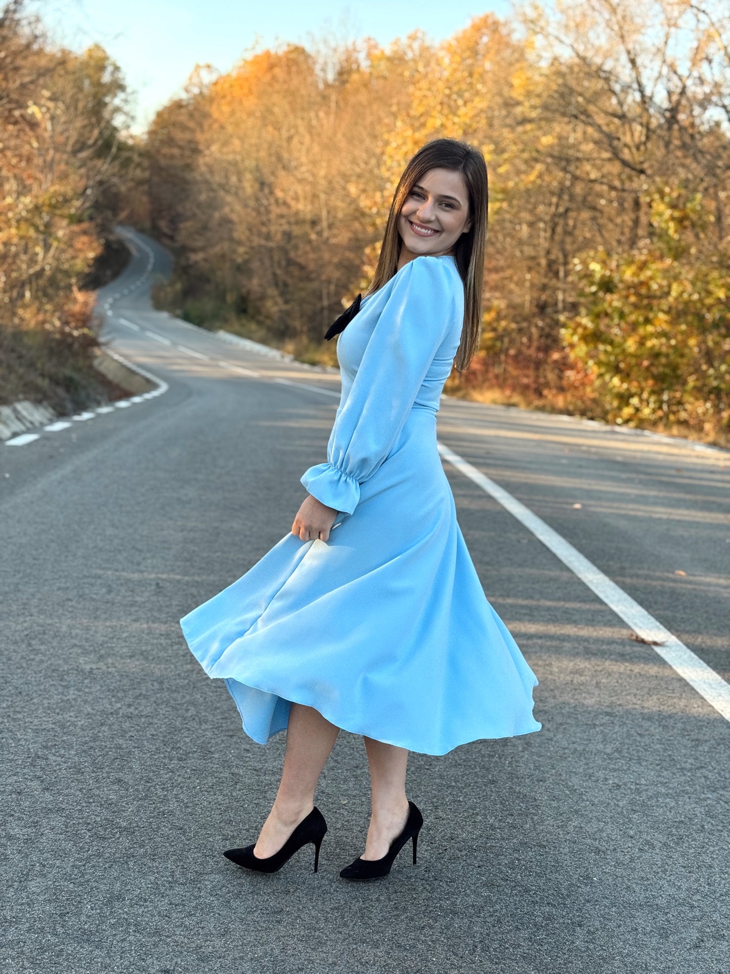 Rochie Midi din Stofă Barbi cu Fundă Decorativă