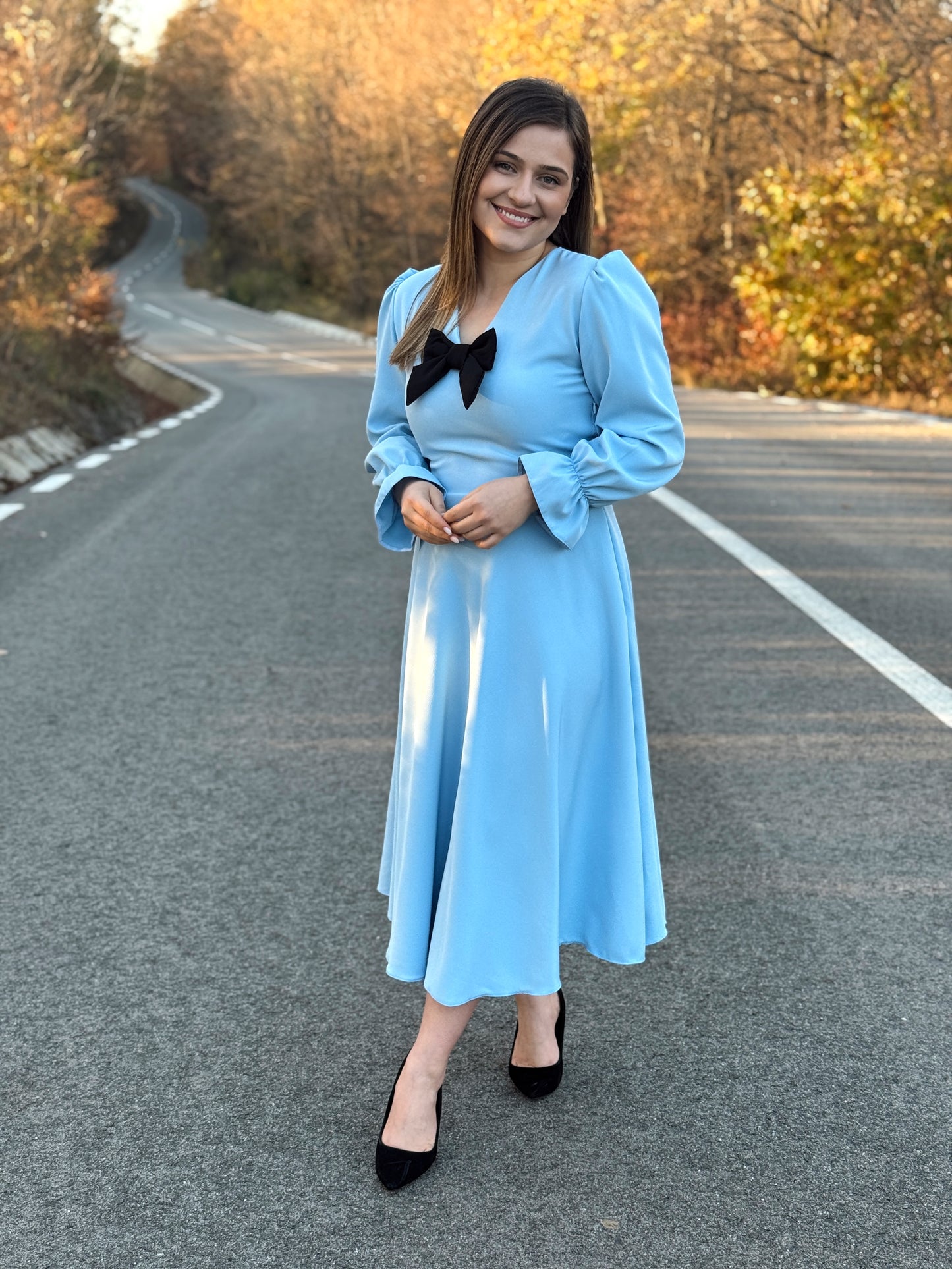 Rochie Midi din Stofă Barbi cu Fundă Decorativă