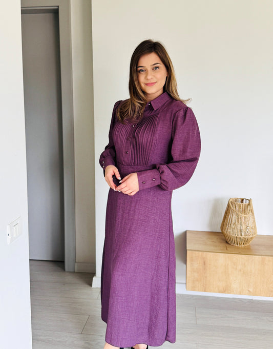 Rochie midi bumbac cu in, model cămașă -  Mov prună