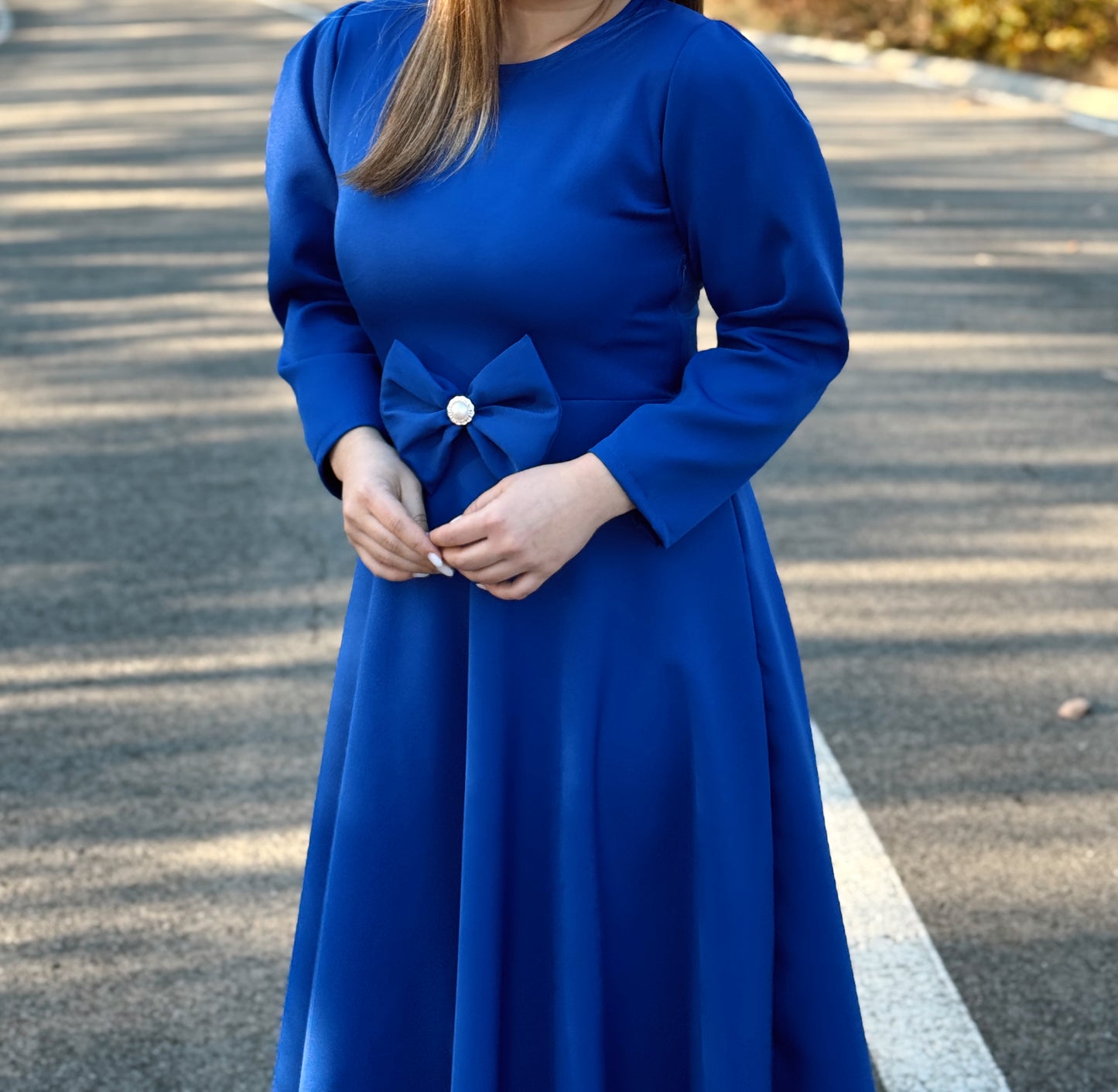 Rochie Midi din Stofă Barbi cu Detaliu Fundă și Perlă