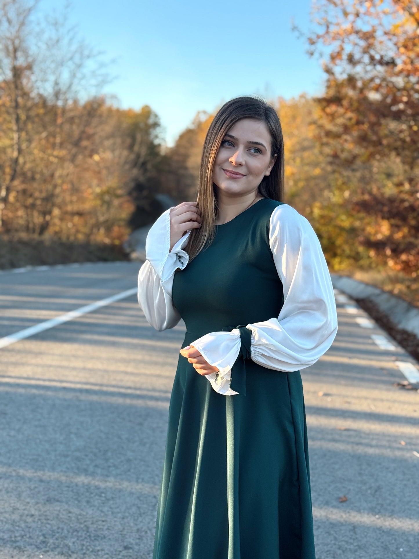 Rochie Midi din Stofă cu Mâneci din Satin