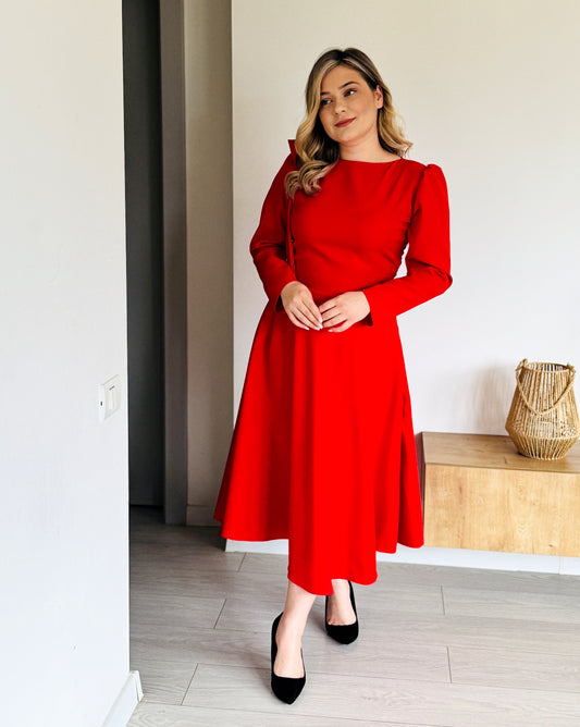 Rochie Midi Roșie din Stofă Barbi cu Detaliu Fundiță pe Umăr