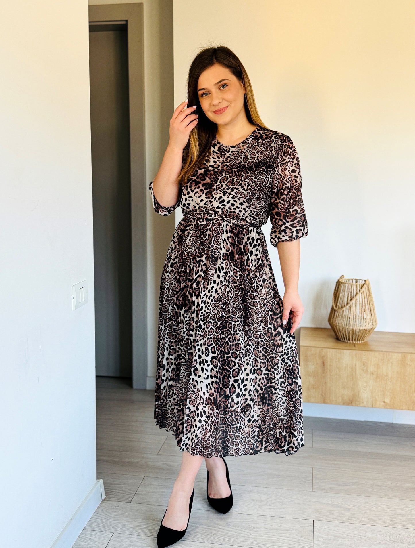 Rochie Midi Animal Print cu Mâneci 3/4
