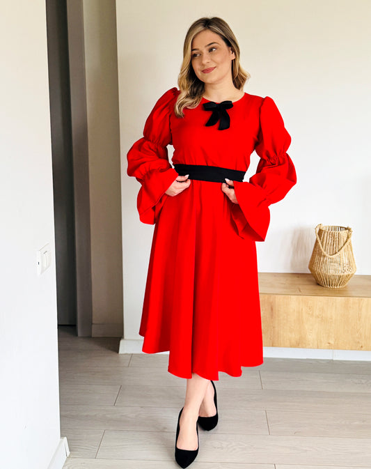 Rochie Midi din Stofă Barbi cu Mâneci Ample și Fundiță din Catifea