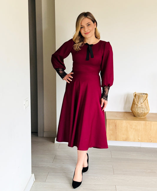 Rochie Midi din Stofă Barbi cu Fundiță și Manșete din Dantelă