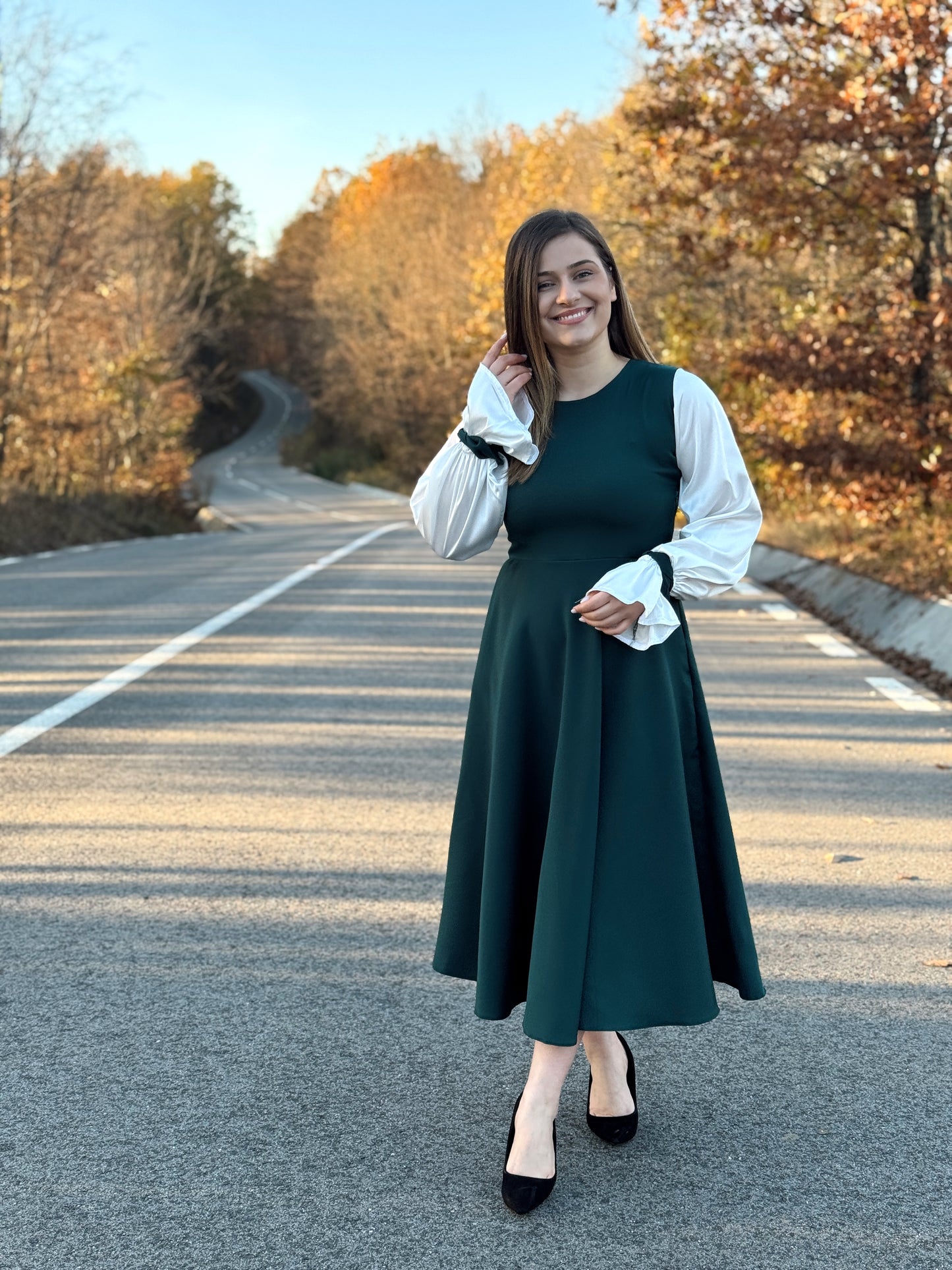 Rochie Midi din Stofă cu Mâneci din Satin