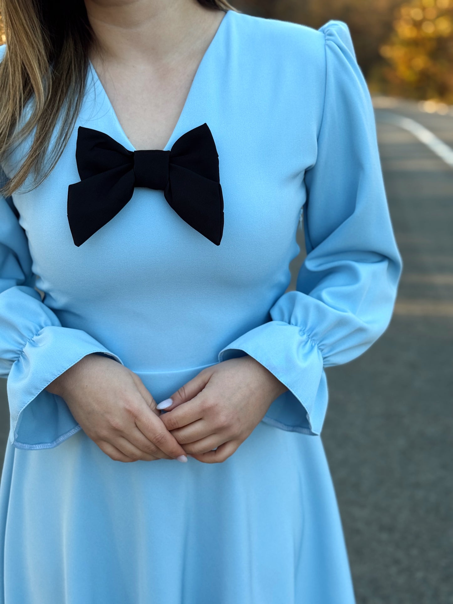 Rochie Midi din Stofă Barbi cu Fundă Decorativă