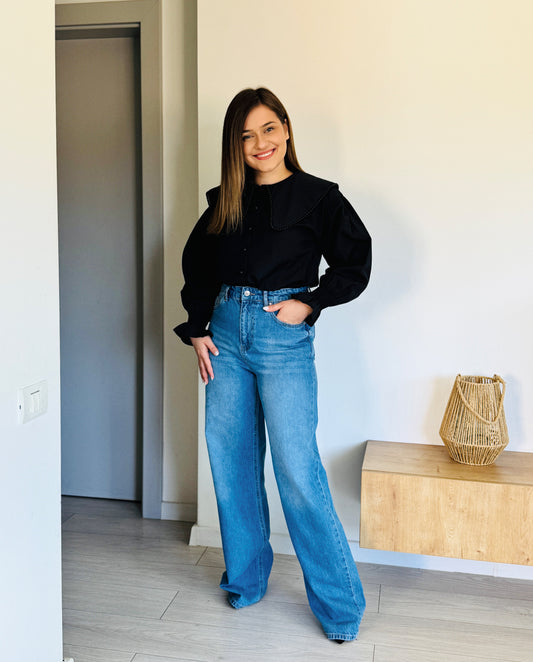 Blugi evazați din denim 100% bumbac