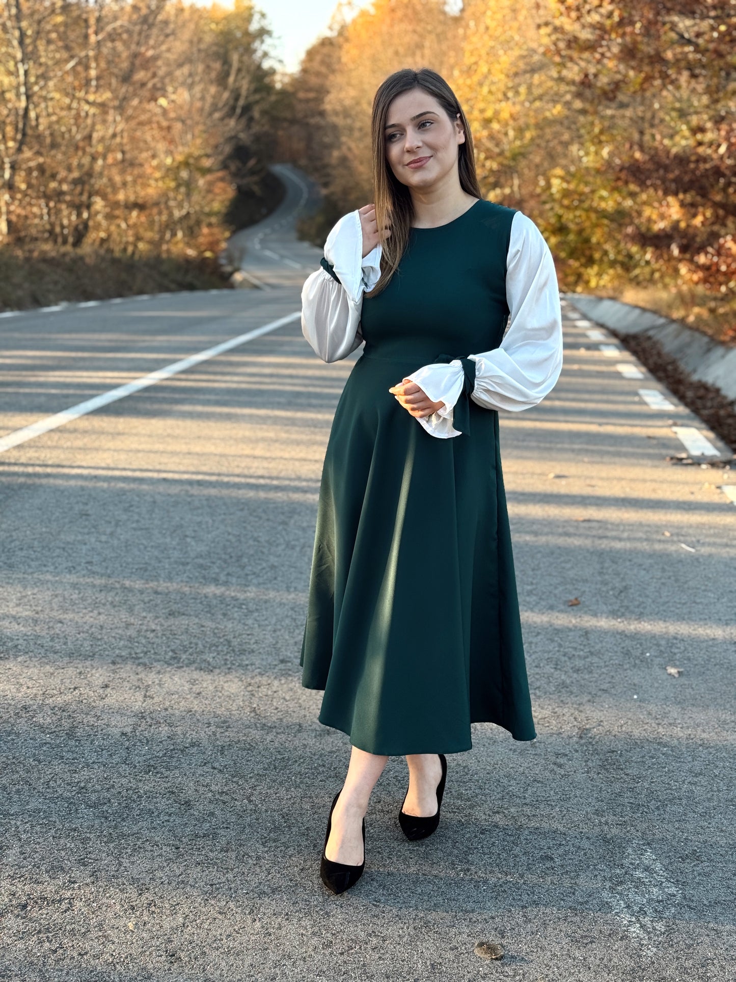 Rochie Midi din Stofă cu Mâneci din Satin