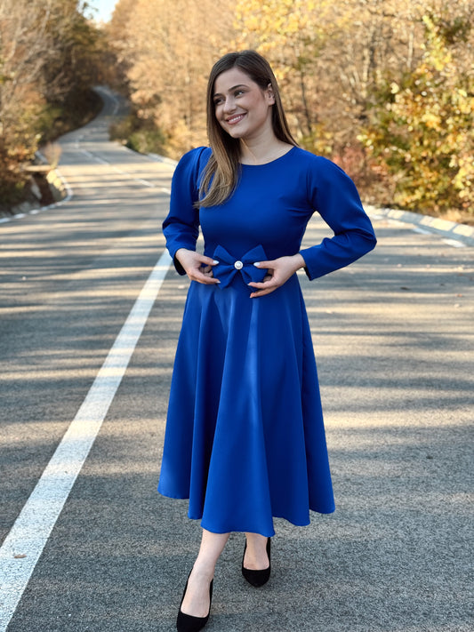 Rochie Midi din Stofă Barbi cu Detaliu Fundă și Perlă