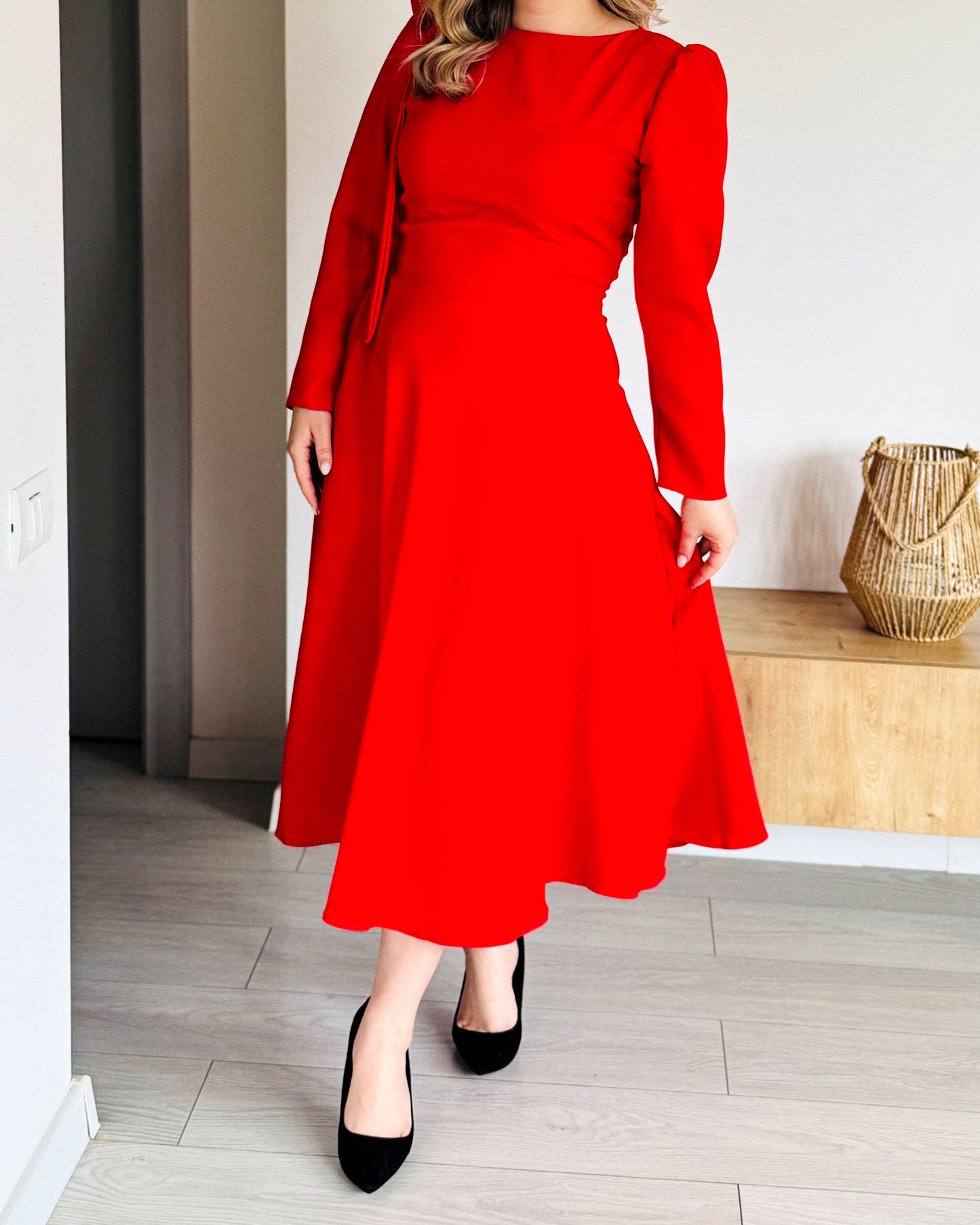 Rochie Midi Roșie din Stofă Barbi cu Detaliu Fundiță pe Umăr