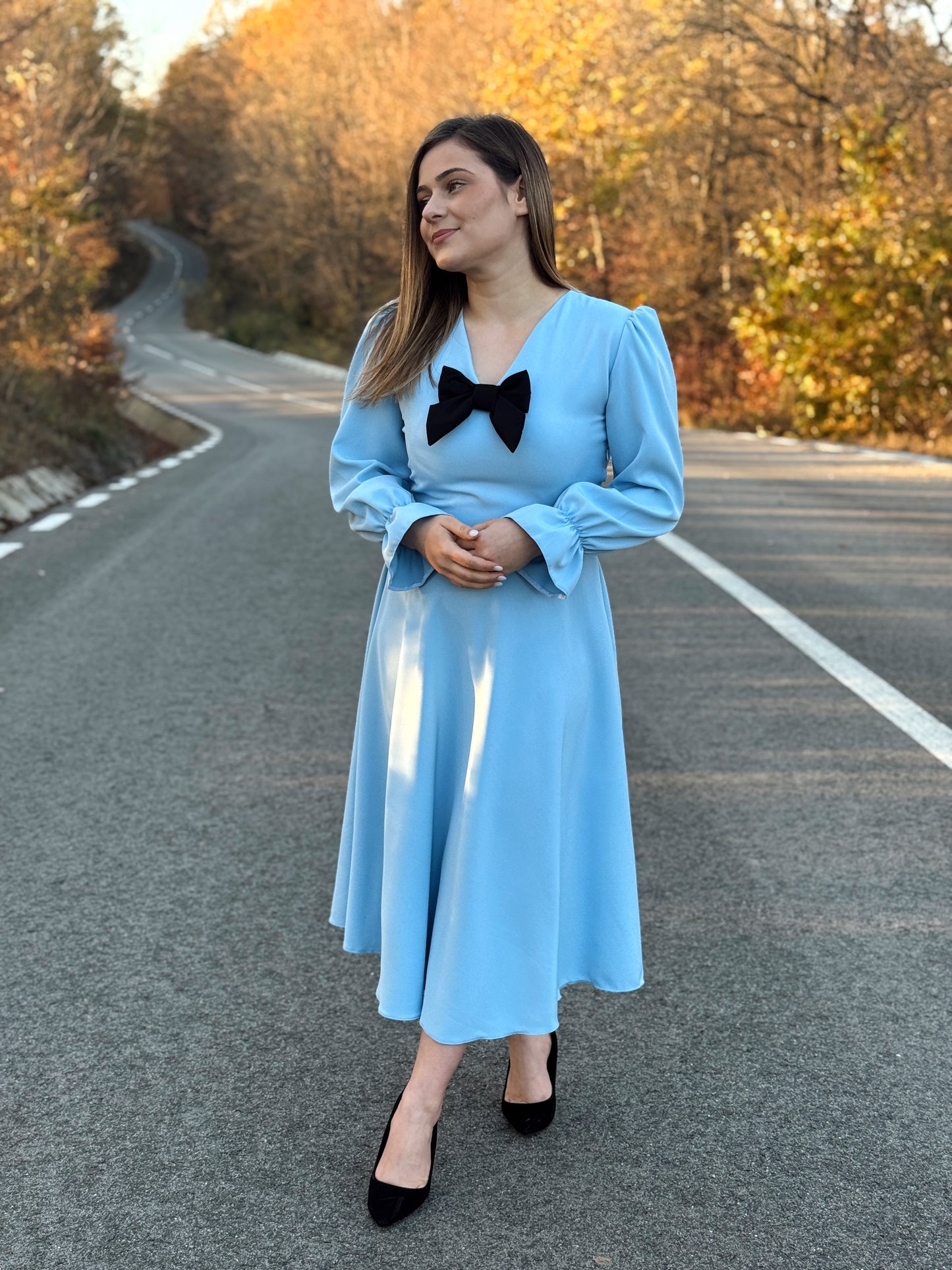 Rochie Midi din Stofă Barbi cu Fundă Decorativă